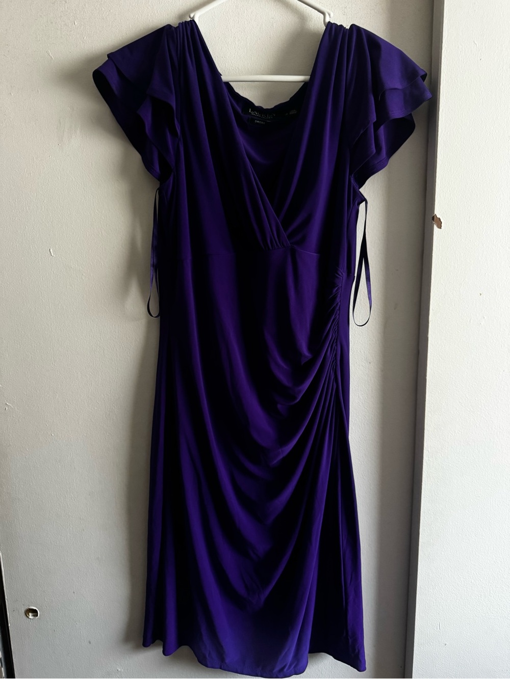 Lauren Ralph Lauren Deep Purple V-Neck Flutter Sleeve Midi Dress